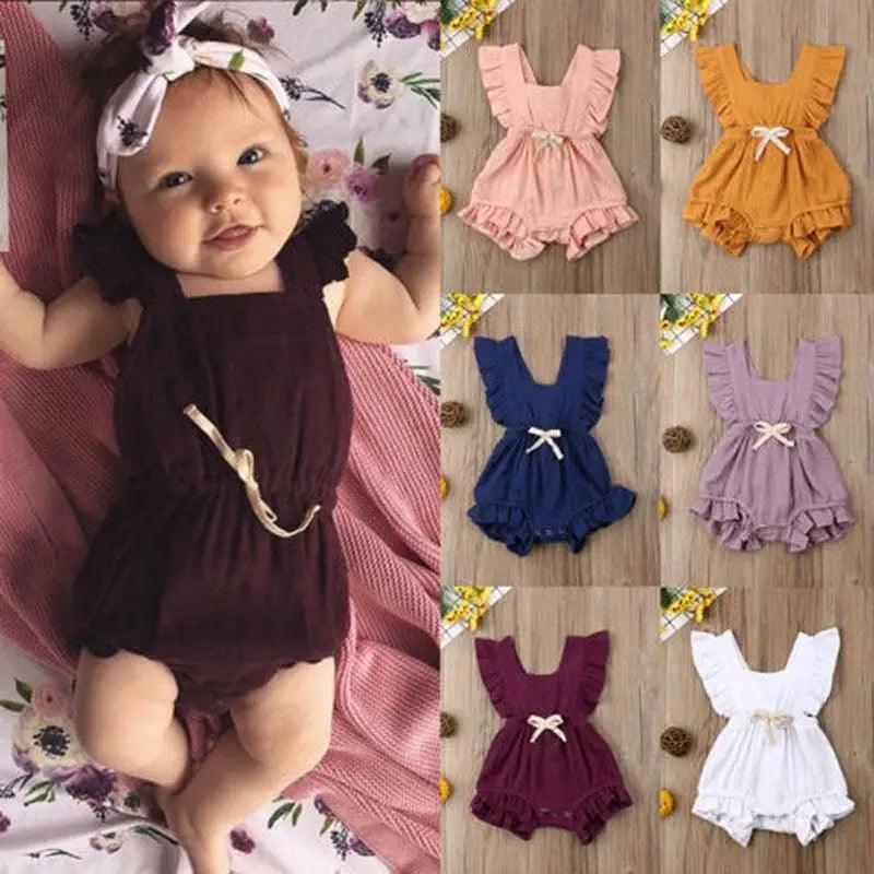 Baby Girl Ruffled Solid Color Sleeveless Backless Romper Jumpsuit Comfy Outfit Excellent Gift For Your Baby Girl